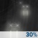 Overnight: A 30 percent chance of rain after 5am.  Partly cloudy early, then becoming cloudy, with a low around 47. Light south southeast wind. 